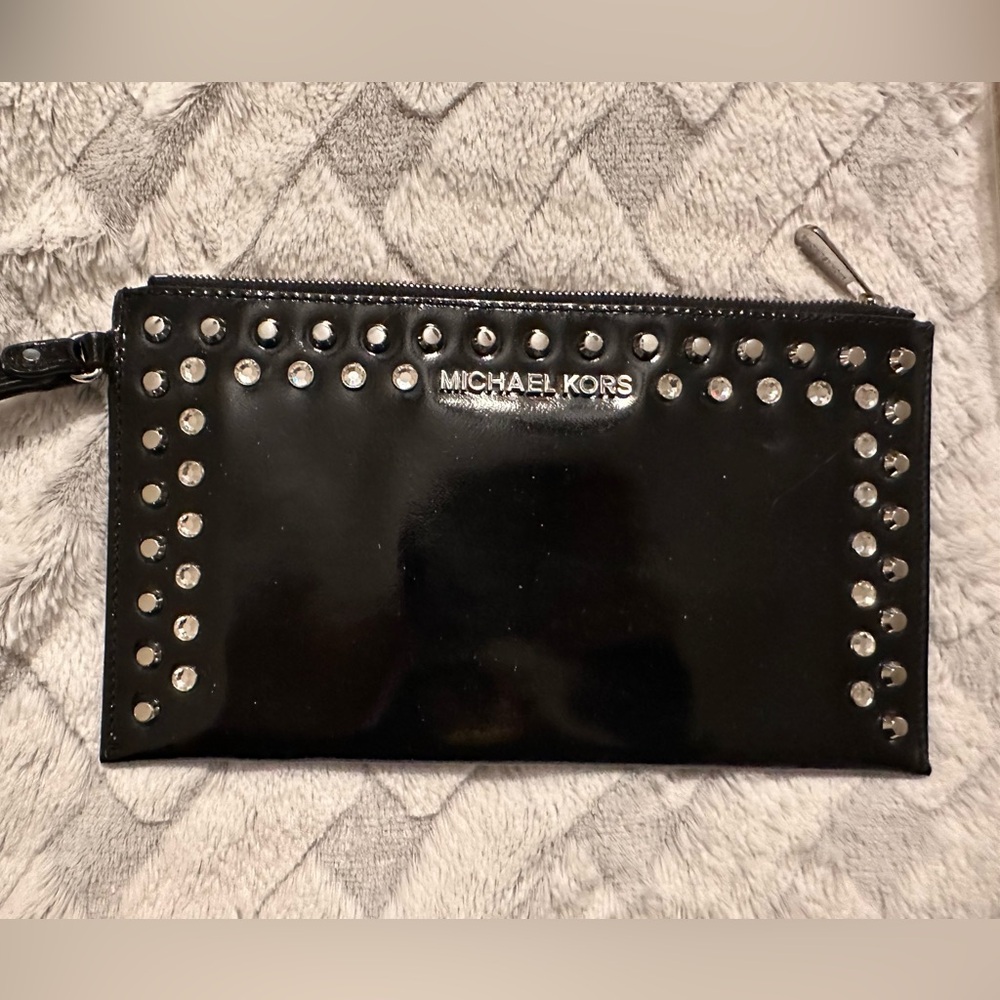 Michael Kors Patent Leather Top Zip Oversized Clutch W/crystals& Studs $95